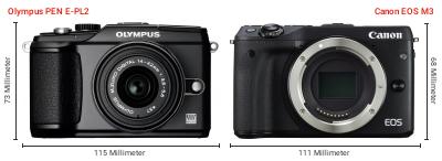 Größenvergleich: OM System PEN E-PL2 vs. Canon EOS M3 Größenvergleich: OM System PEN E-PL2 vs. Canon EOS M3
