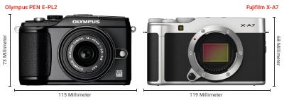 Größenvergleich: OM System PEN E-PL2 vs. Fujifilm X-A7 Größenvergleich: OM System PEN E-PL2 vs. Fujifilm X-A7