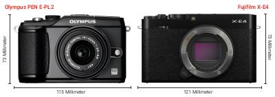 Größenvergleich: OM System PEN E-PL2 vs. Fujifilm X-E4 Größenvergleich: OM System PEN E-PL2 vs. Fujifilm X-E4