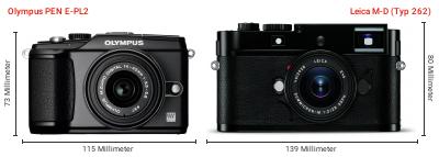 Größenvergleich: OM System PEN E-PL2 vs. Leica M-D (Typ 262) Größenvergleich: OM System PEN E-PL2 vs. Leica M-D (Typ 262)