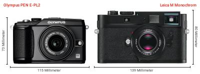 Größenvergleich: OM System PEN E-PL2 vs. Leica M Monochrom Größenvergleich: OM System PEN E-PL2 vs. Leica M Monochrom