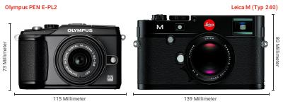 Größenvergleich: OM System PEN E-PL2 vs. Leica M (Typ 240) Größenvergleich: OM System PEN E-PL2 vs. Leica M (Typ 240)