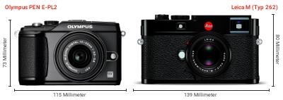 Größenvergleich: OM System PEN E-PL2 vs. Leica M (Typ 262) Größenvergleich: OM System PEN E-PL2 vs. Leica M (Typ 262)