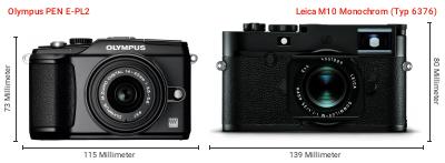 Größenvergleich: OM System PEN E-PL2 vs. Leica M10 Monochrom (Typ 6376)