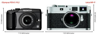 Größenvergleich: OM System PEN E-PL2 vs. Leica M9-P Größenvergleich: OM System PEN E-PL2 vs. Leica M9-P