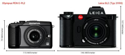 Größenvergleich: OM System PEN E-PL2 vs. Leica SL2 (Typ 2998) Größenvergleich: OM System PEN E-PL2 vs. Leica SL2 (Typ 2998)