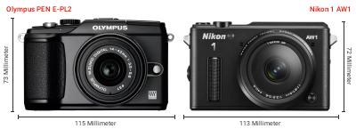 Größenvergleich: OM System PEN E-PL2 vs. Nikon 1 AW1 Größenvergleich: OM System PEN E-PL2 vs. Nikon 1 AW1