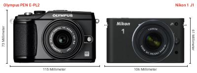 Größenvergleich: OM System PEN E-PL2 vs. Nikon 1 J1 Größenvergleich: OM System PEN E-PL2 vs. Nikon 1 J1
