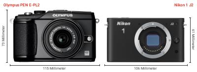 Größenvergleich: OM System PEN E-PL2 vs. Nikon 1 J2 Größenvergleich: OM System PEN E-PL2 vs. Nikon 1 J2