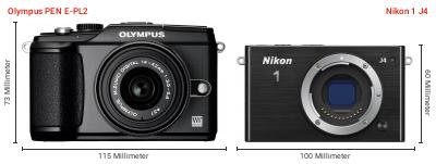 Größenvergleich: OM System PEN E-PL2 vs. Nikon 1 J4 Größenvergleich: OM System PEN E-PL2 vs. Nikon 1 J4