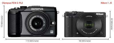 Größenvergleich: OM System PEN E-PL2 vs. Nikon 1 J5 Größenvergleich: OM System PEN E-PL2 vs. Nikon 1 J5