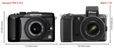 Größenvergleich: OM System PEN E-PL2 vs. Nikon 1 V2 Größenvergleich: OM System PEN E-PL2 vs. Nikon 1 V2