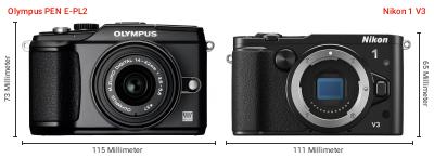Größenvergleich: OM System PEN E-PL2 vs. Nikon 1 V3 Größenvergleich: OM System PEN E-PL2 vs. Nikon 1 V3