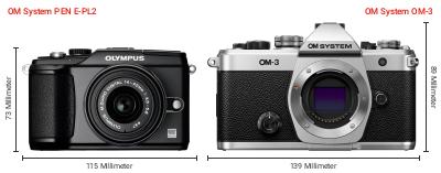 Größenvergleich: OM System PEN E-PL2 vs. OM System OM-3 Größenvergleich: OM System PEN E-PL2 vs. OM System OM-3