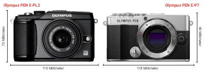 Größenvergleich: OM System PEN E-PL2 vs. OM System PEN E-P7 Größenvergleich: OM System PEN E-PL2 vs. OM System PEN E-P7
