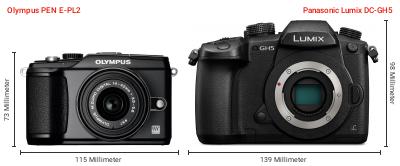 Größenvergleich: OM System PEN E-PL2 vs. Panasonic Lumix DC-GH5 Größenvergleich: OM System PEN E-PL2 vs. Panasonic Lumix DC-GH5