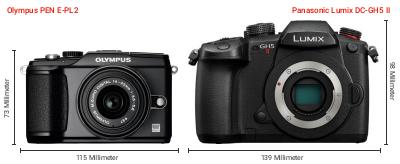 Größenvergleich: OM System PEN E-PL2 vs. Panasonic Lumix DC-GH5 II Größenvergleich: OM System PEN E-PL2 vs. Panasonic Lumix DC-GH5 II