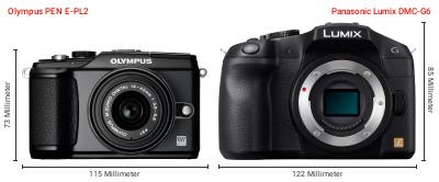 Größenvergleich: OM System PEN E-PL2 vs. Panasonic Lumix DMC-G6 Größenvergleich: OM System PEN E-PL2 vs. Panasonic Lumix DMC-G6
