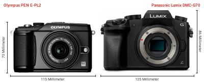 Größenvergleich: OM System PEN E-PL2 vs. Panasonic Lumix DMC-G70 Größenvergleich: OM System PEN E-PL2 vs. Panasonic Lumix DMC-G70