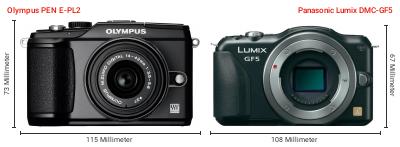 Größenvergleich: OM System PEN E-PL2 vs. Panasonic Lumix DMC-GF5 Größenvergleich: OM System PEN E-PL2 vs. Panasonic Lumix DMC-GF5
