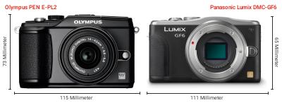 Größenvergleich: OM System PEN E-PL2 vs. Panasonic Lumix DMC-GF6 Größenvergleich: OM System PEN E-PL2 vs. Panasonic Lumix DMC-GF6