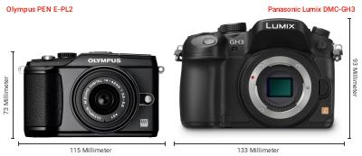 Größenvergleich: OM System PEN E-PL2 vs. Panasonic Lumix DMC-GH3 Größenvergleich: OM System PEN E-PL2 vs. Panasonic Lumix DMC-GH3