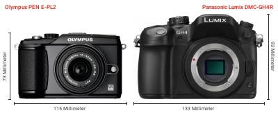 Größenvergleich: OM System PEN E-PL2 vs. Panasonic Lumix DMC-GH4R Größenvergleich: OM System PEN E-PL2 vs. Panasonic Lumix DMC-GH4R