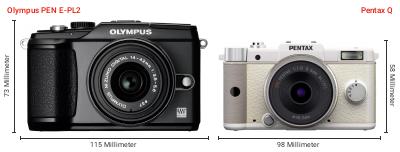 Größenvergleich: OM System PEN E-PL2 vs. Pentax Q Größenvergleich: OM System PEN E-PL2 vs. Pentax Q