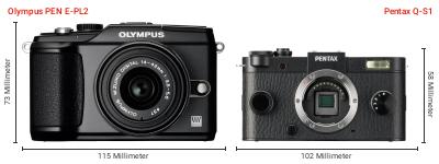 Größenvergleich: OM System PEN E-PL2 vs. Pentax Q-S1 Größenvergleich: OM System PEN E-PL2 vs. Pentax Q-S1