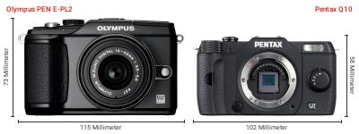 Größenvergleich: OM System PEN E-PL2 vs. Pentax Q10 Größenvergleich: OM System PEN E-PL2 vs. Pentax Q10