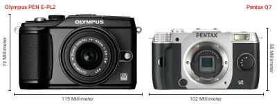 Größenvergleich: OM System PEN E-PL2 vs. Pentax Q7 Größenvergleich: OM System PEN E-PL2 vs. Pentax Q7