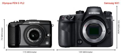 Größenvergleich: OM System PEN E-PL2 vs. Samsung NX1 Größenvergleich: OM System PEN E-PL2 vs. Samsung NX1