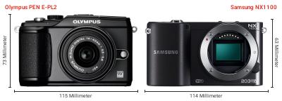 Größenvergleich: OM System PEN E-PL2 vs. Samsung NX1100 Größenvergleich: OM System PEN E-PL2 vs. Samsung NX1100
