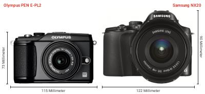 Größenvergleich: OM System PEN E-PL2 vs. Samsung NX20 Größenvergleich: OM System PEN E-PL2 vs. Samsung NX20