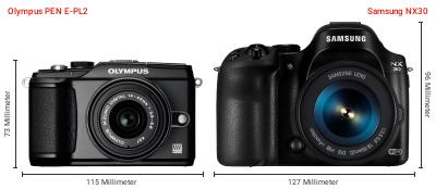 Größenvergleich: OM System PEN E-PL2 vs. Samsung NX30