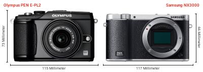 Größenvergleich: OM System PEN E-PL2 vs. Samsung NX3000 Größenvergleich: OM System PEN E-PL2 vs. Samsung NX3000