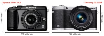 Größenvergleich: OM System PEN E-PL2 vs. Samsung NX300M Größenvergleich: OM System PEN E-PL2 vs. Samsung NX300M