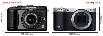 Größenvergleich: OM System PEN E-PL2 vs. Samsung NX500 Größenvergleich: OM System PEN E-PL2 vs. Samsung NX500