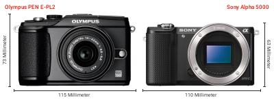 Größenvergleich: OM System PEN E-PL2 vs. Sony Alpha 5000 Größenvergleich: OM System PEN E-PL2 vs. Sony Alpha 5000