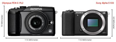 Größenvergleich: OM System PEN E-PL2 vs. Sony Alpha 5100 Größenvergleich: OM System PEN E-PL2 vs. Sony Alpha 5100