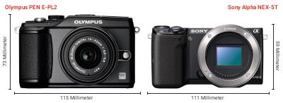 Größenvergleich: OM System PEN E-PL2 vs. Sony Alpha NEX-5T Größenvergleich: OM System PEN E-PL2 vs. Sony Alpha NEX-5T