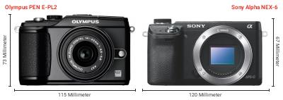 Größenvergleich: OM System PEN E-PL2 vs. Sony Alpha NEX-6 Größenvergleich: OM System PEN E-PL2 vs. Sony Alpha NEX-6