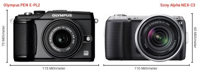 Größenvergleich: OM System PEN E-PL2 vs. Sony Alpha NEX-C3 Größenvergleich: OM System PEN E-PL2 vs. Sony Alpha NEX-C3