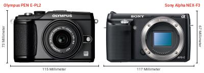 Größenvergleich: OM System PEN E-PL2 vs. Sony Alpha NEX-F3 Größenvergleich: OM System PEN E-PL2 vs. Sony Alpha NEX-F3