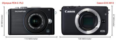 Größenvergleich: OM System PEN E-PL3 vs. Canon EOS M10 Größenvergleich: OM System PEN E-PL3 vs. Canon EOS M10