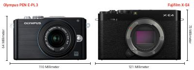 Größenvergleich: OM System PEN E-PL3 vs. Fujifilm X-E4 Größenvergleich: OM System PEN E-PL3 vs. Fujifilm X-E4