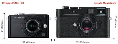 Größenvergleich: OM System PEN E-PL3 vs. Leica M Monochrom Größenvergleich: OM System PEN E-PL3 vs. Leica M Monochrom