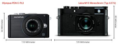 Größenvergleich: OM System PEN E-PL3 vs. Leica M10 Monochrom (Typ 6376) Größenvergleich: OM System PEN E-PL3 vs. Leica M10 Monochrom (Typ 6376)