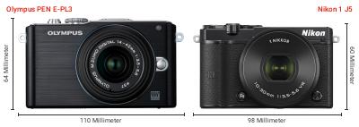 Größenvergleich: OM System PEN E-PL3 vs. Nikon 1 J5 Größenvergleich: OM System PEN E-PL3 vs. Nikon 1 J5