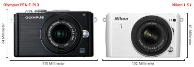 Größenvergleich: OM System PEN E-PL3 vs. Nikon 1 S1 Größenvergleich: OM System PEN E-PL3 vs. Nikon 1 S1